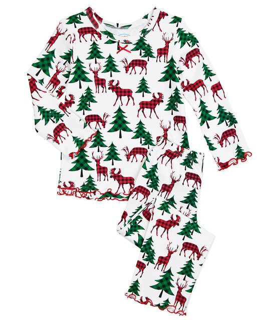 Sara's Prints Girls Ruffle Top & Pant Pajama Set - Plaid Deer