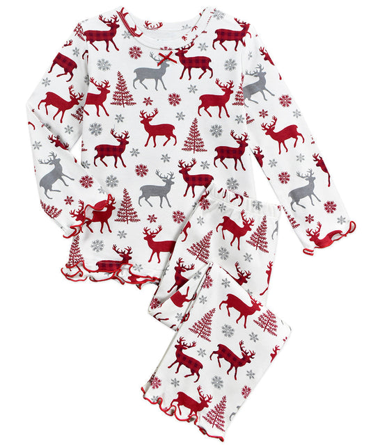 Sara's Prints Girls Ruffle Top & Pant Pajama Set - Plaid Deer AO
