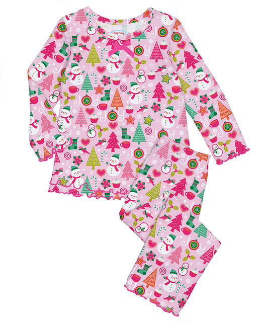 Sara's Prints Girls Ruffle Top & Pant Pajama Set - Pink joy