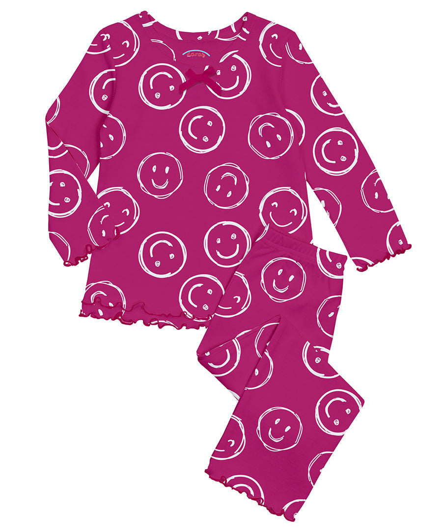 Sara's Prints Girls Ruffle Top & Pant Pajama Set - Pink smiley