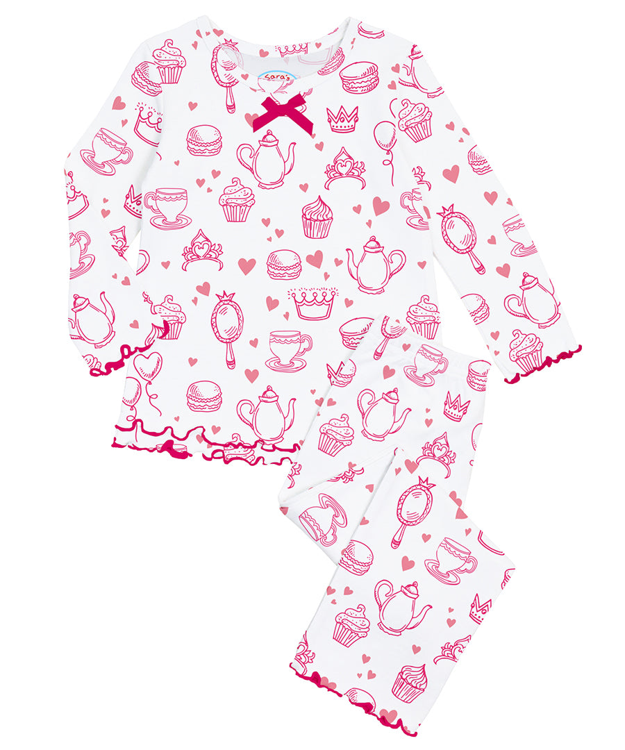 Sara's Prints Girls Ruffle Top & Pant Pajama Set - Princess tea party