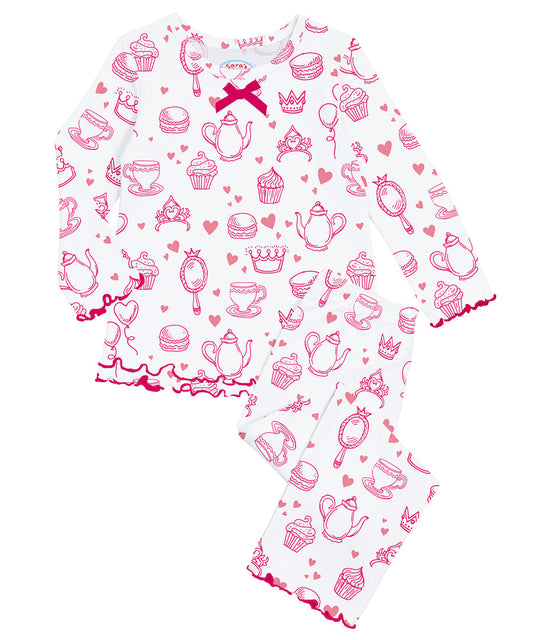 Sara's Prints Girls Ruffle Top & Pant Pajama Set - Princess tea party