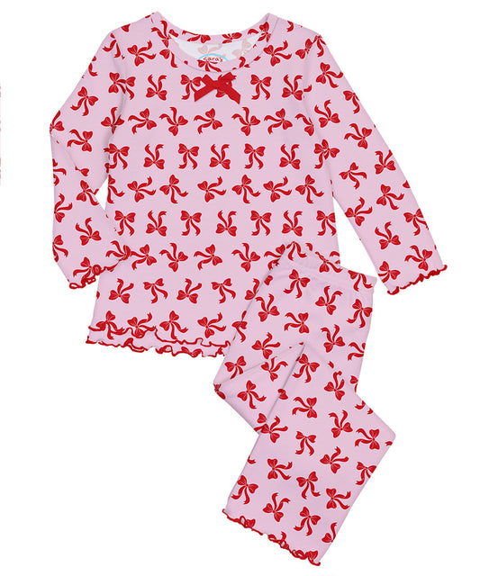 Sara's Prints Girls Ruffle Top & Pant Pajama Set - Red Bows