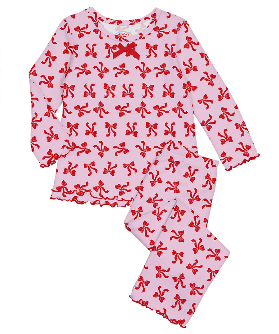 Sara's Prints Girls Ruffle Top & Pant Pajama Set - Red Bows