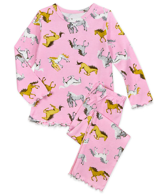 Sara's Prints Girls Ruffle Top & Pant Pajama Set - Realistic Horse