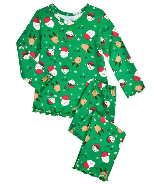 Sara's Prints Girls Ruffle Top & Pant Pajama Set - Santa & Elf