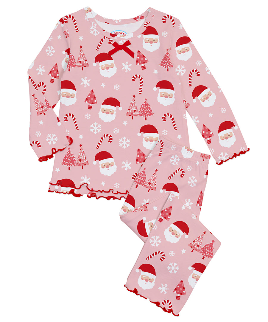 Sara's Prints Girls Ruffle Top & Pant Pajama Set - Pink Santa
