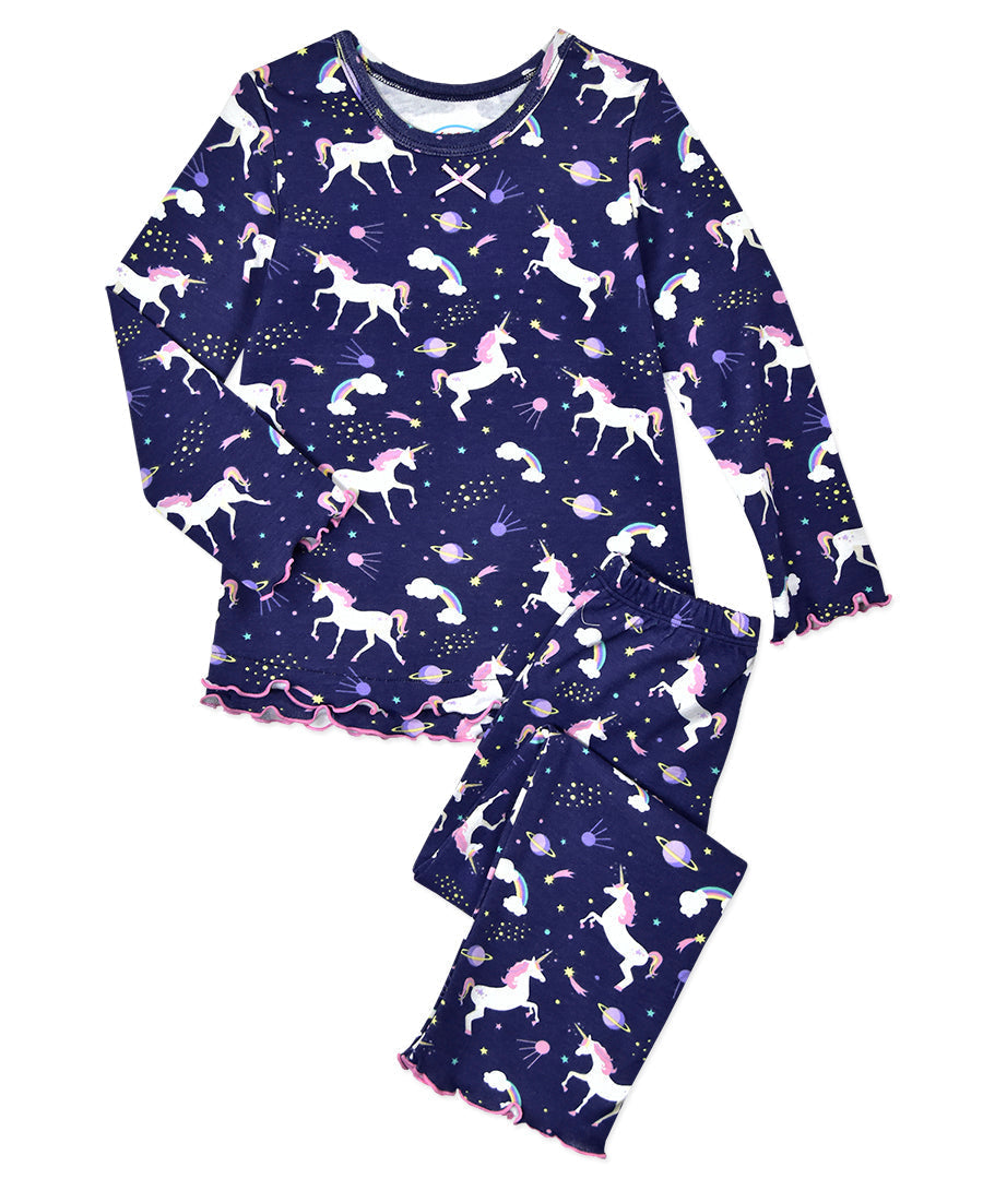 Sara's Prints Girls Ruffle Top & Pant Pajama Set - Unicorn Dream