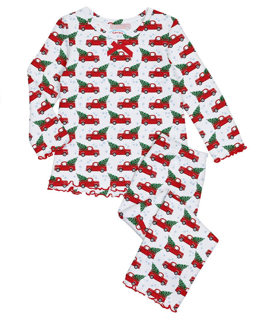 Sara's Prints Girls Ruffle Top & Pant Pajama Set - Xmas red truck