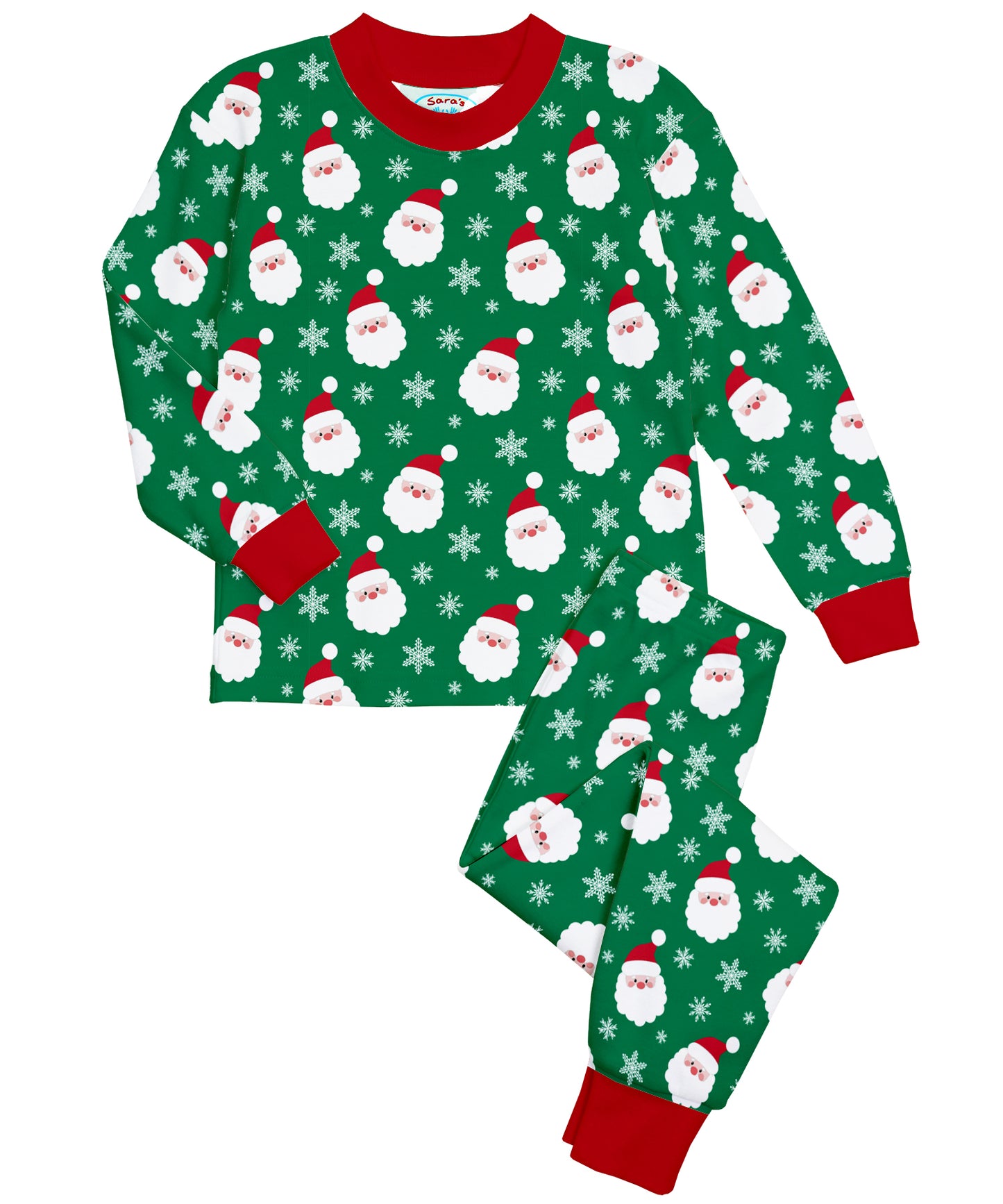 Classic Loose Fitting Long John Style Pajamas - Green Santa
