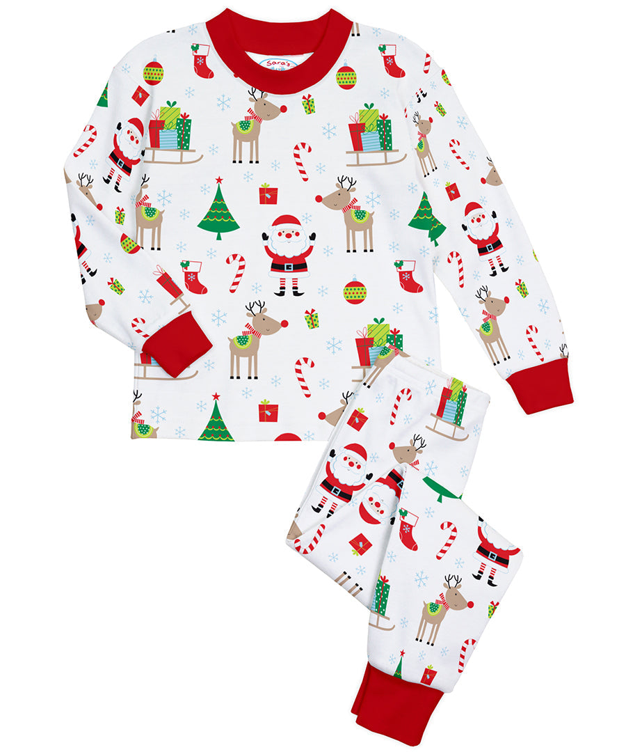 Classic Loose Fitting Long John Style Pajamas - White Xmas