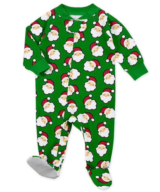 Footed Pajamas - Santa On Green