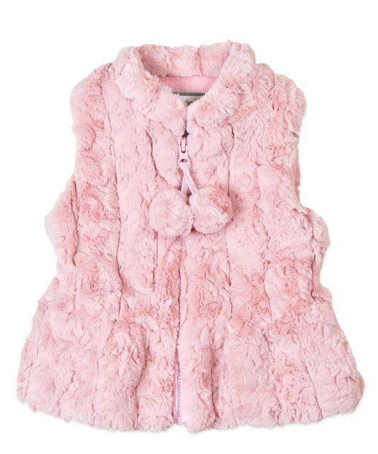 Peplum Zip Front Faux Fur Pom Pom Vest - Pink Ripple Stripe