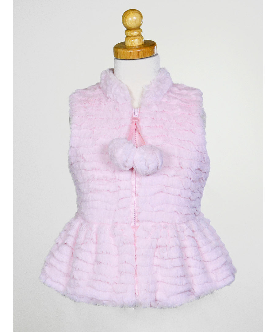 Peplum Zip Front Faux Fur Pom Pom Vest - Wave pink