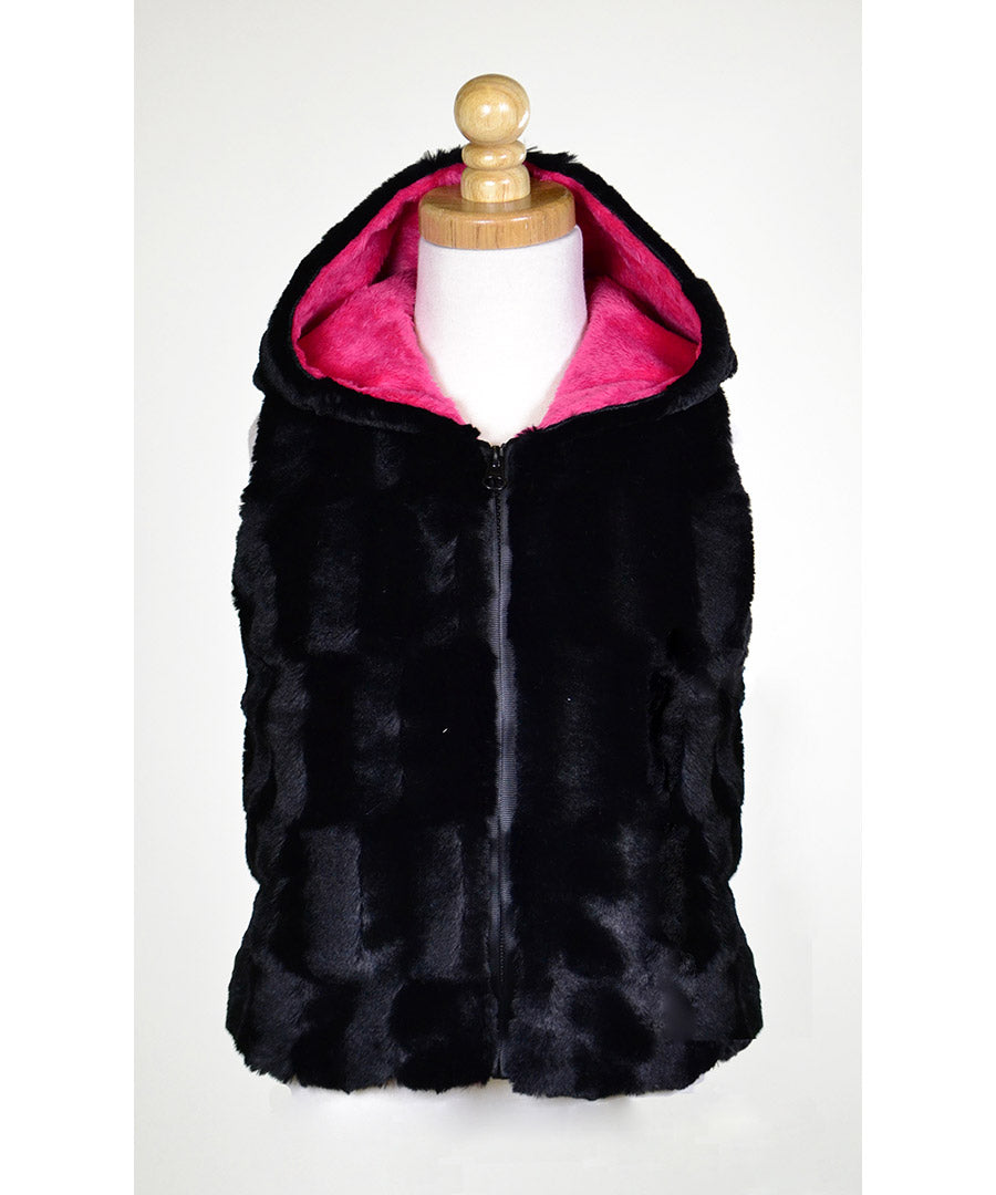 Hooded Zip Front Faux Fur Vest - Black sheared mink