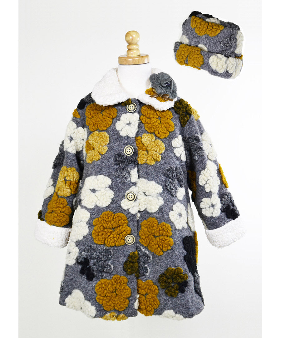 Floral Jacquard Faux Cashmere Coat & Hat Set - Heather grey