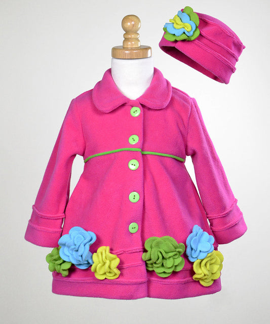 Flower Fleece Coat with Velvet Accent & Hat Set - Paloma pink