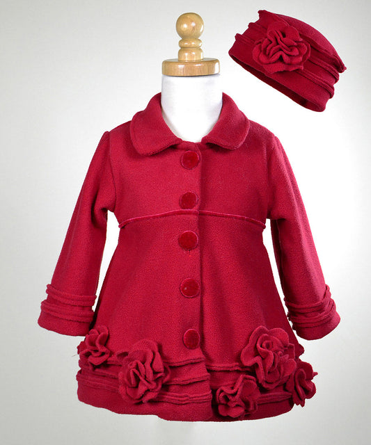 Flower Fleece Coat with Velvet Accent & Hat Set - Red