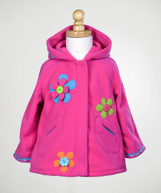 Hooded Zip Front Fleece Coat with Flower Applique - Paloma pink