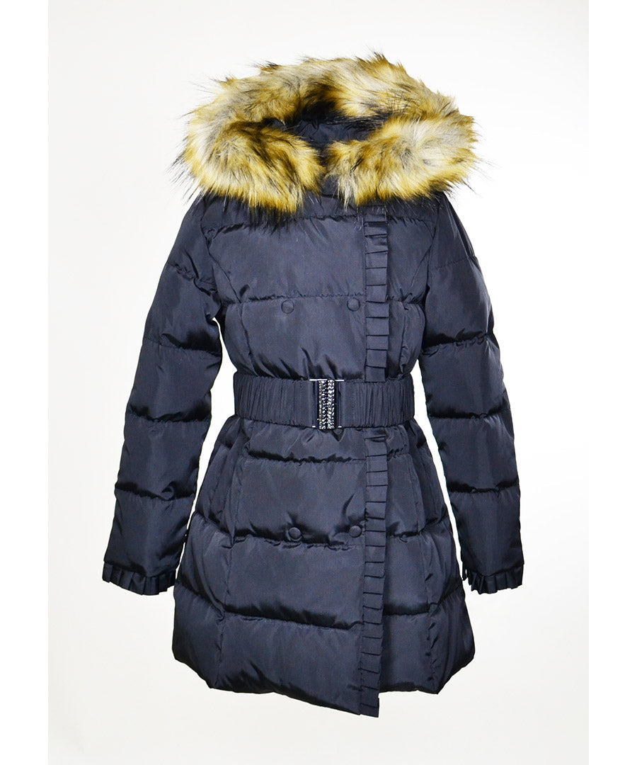 Nylon Down Coat with Fur Trimmed Hood - Nylon black