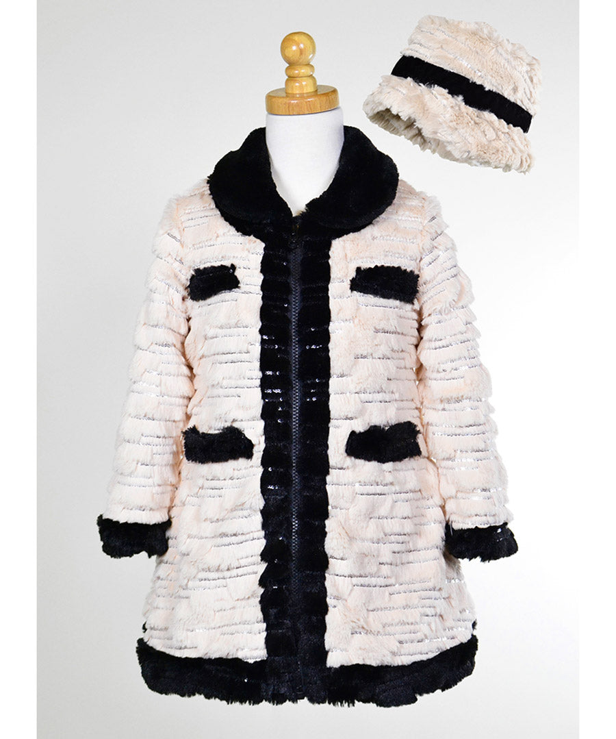 Contrast Trim Sequin Faux Fur Coat & Hat Set - Sequin blush