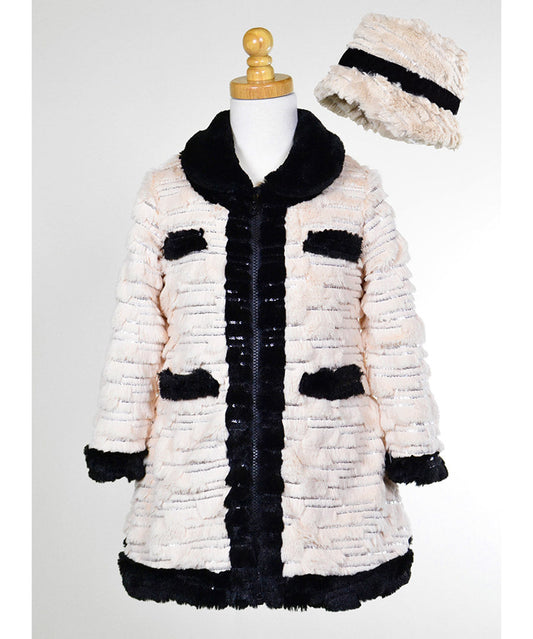 Contrast Trim Sequin Faux Fur Coat & Hat Set - Sequin blush