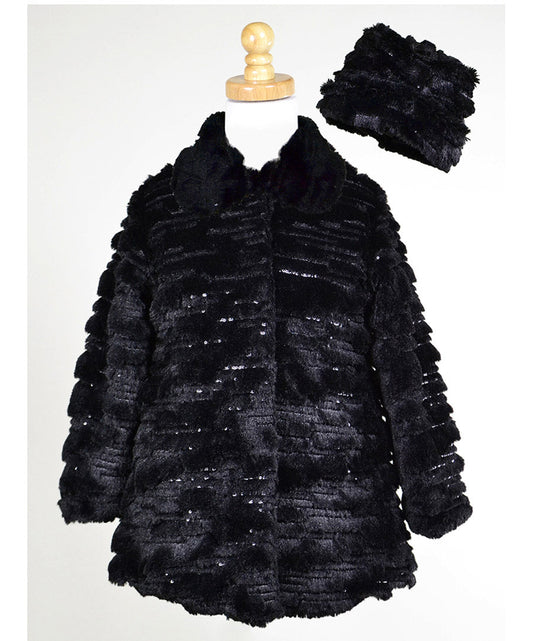 Sequin Sparkle Faux Fur Coat & Hat Set - Black