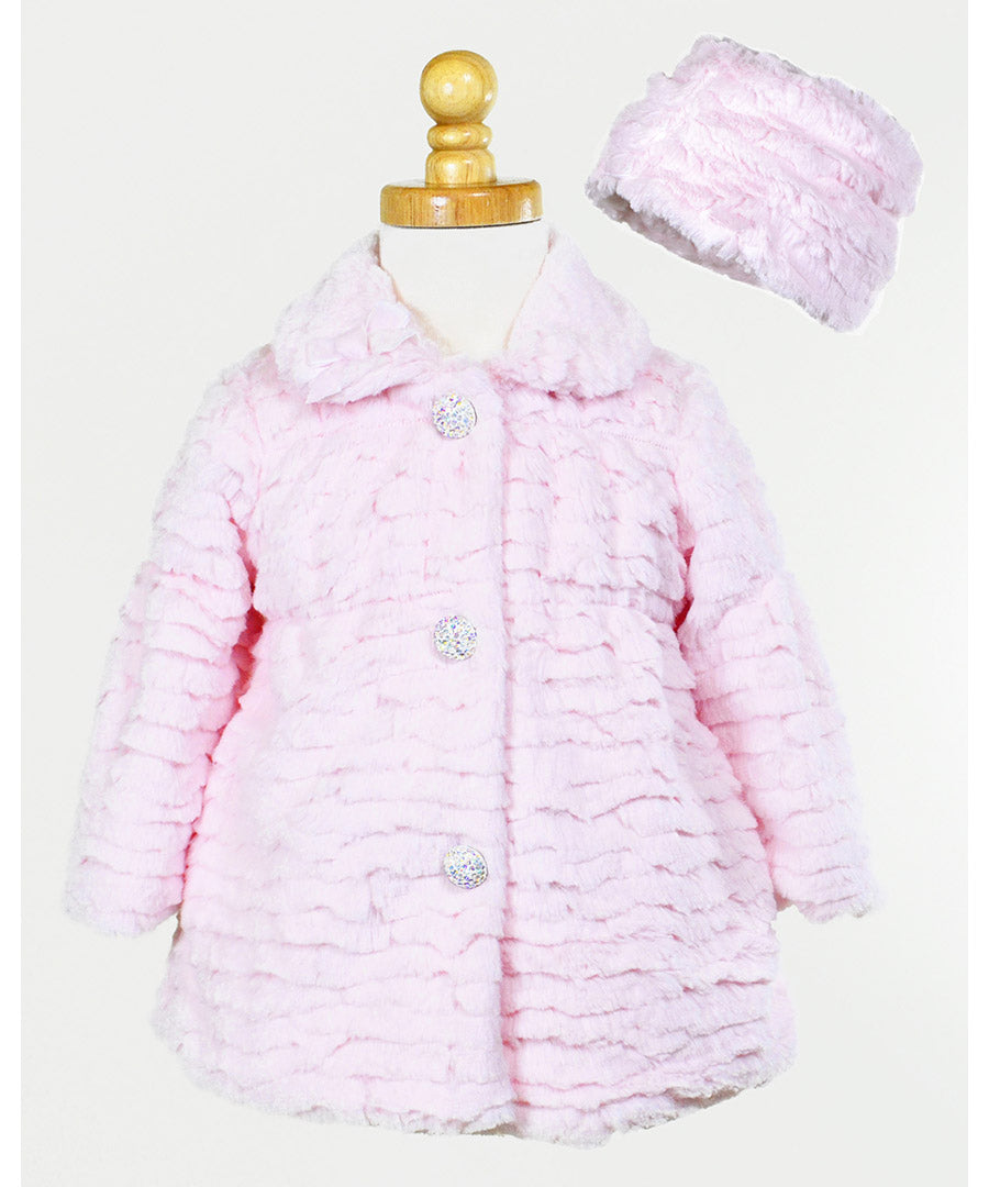 Rhinestone Buttons Faux Fur Coat & Hat Set - Wave pink