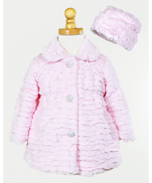 Rhinestone Buttons Faux Fur Coat & Hat Set - Wave pink
