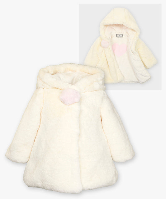 Hooded a-line pompom coat - Cotton candy vanilla