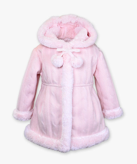 Hooded pompom sweater coat - Cable knit pink