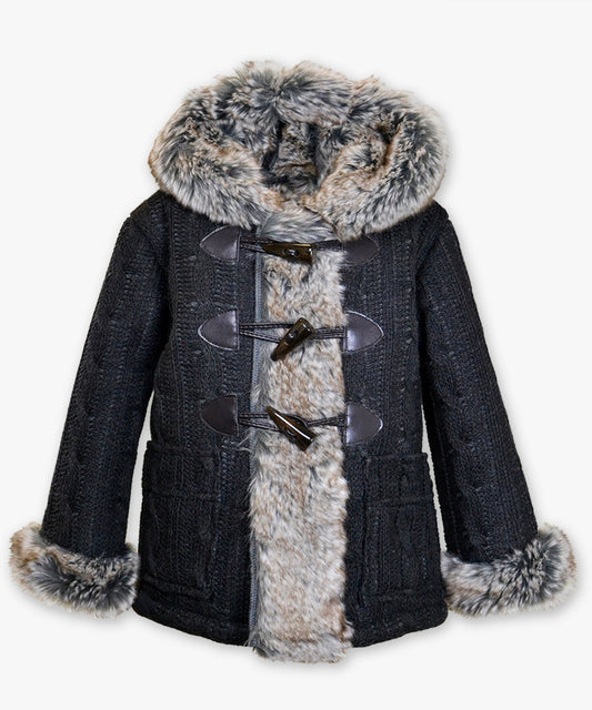 Hooded toggle sweater coat - Cable knit slate grey