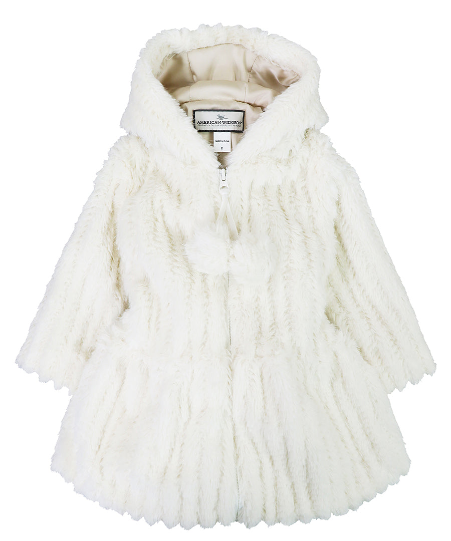 Hooded Zip Front Pompom Coat - Coconut stripe