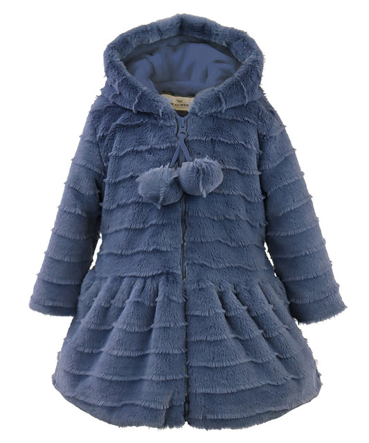 Hooded Zip Front Pompom Coat - Navy lash stripe