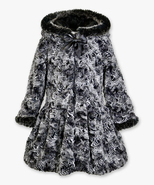 Hooded zip coat with fur trim - Black marble
