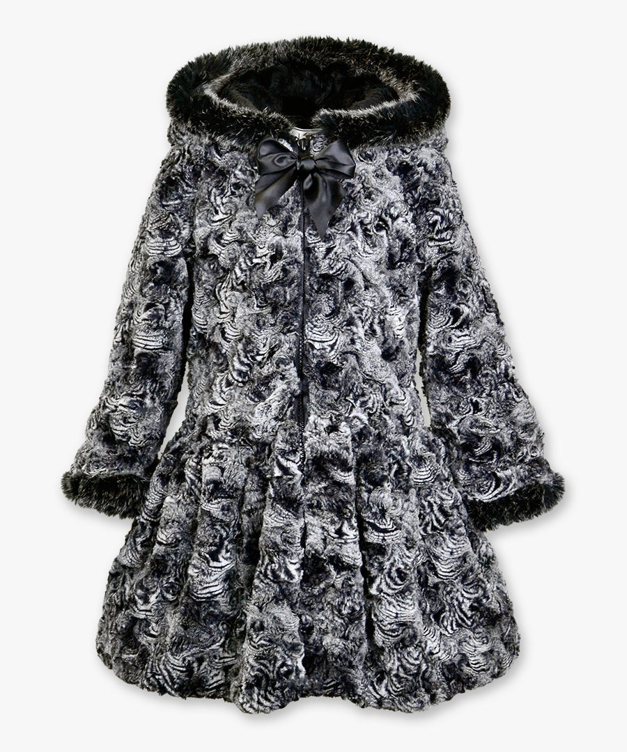 Hooded zip coat with fur trim - Black marble