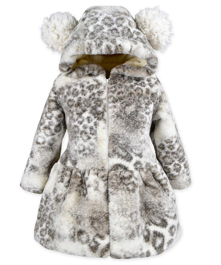 Pompon hood coat - Silver leopard