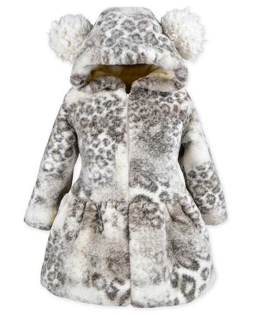 Pompon hood coat - Silver leopard
