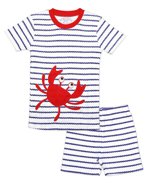 Snug Fit 100% Cotton Short PJ Set - Nautical rope stripe crab
