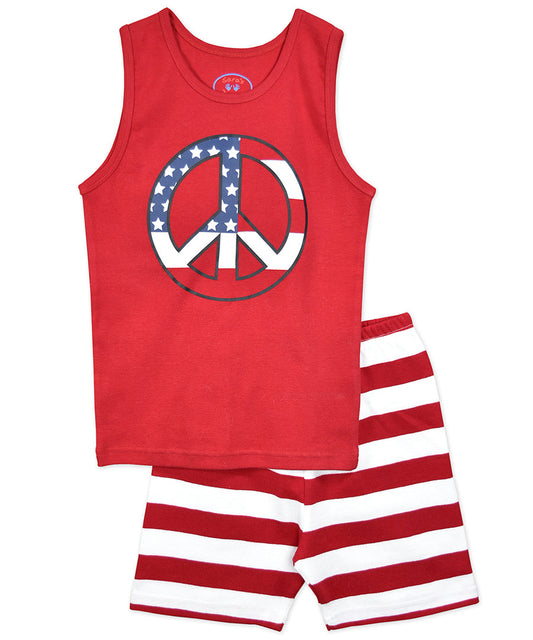 Unisex tank short pj - Stripe red white peace sign