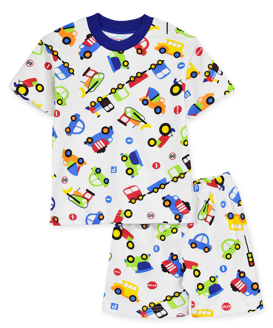 Sara's Prints Unisex Short Pajama Set - Trains Cars Trucks