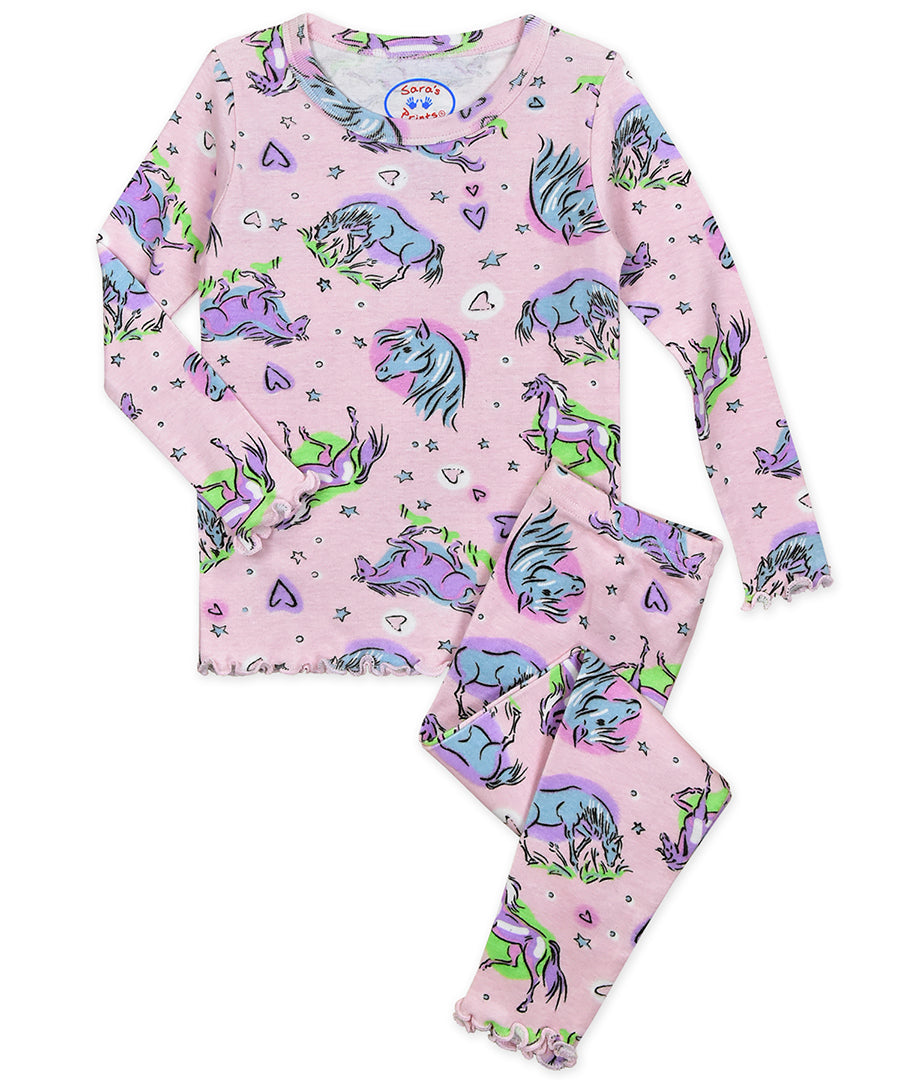 Girls Snug Fit Lettuce Edged Long John Pj - Dreamy horse pink