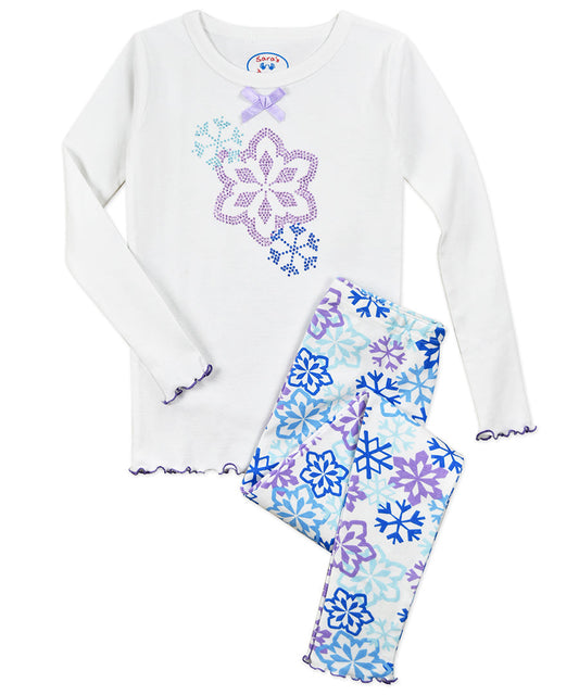 Girls Snug Fit Lettuce Edged Long John Pj - Glitter Snow