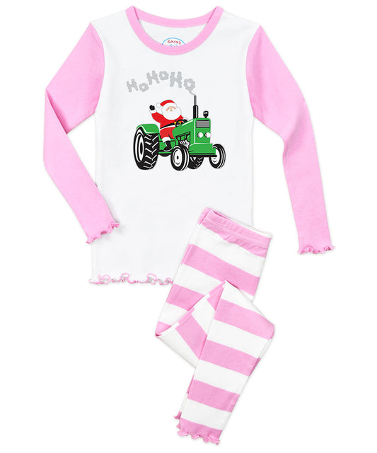 Girls Snug Fit Lettuce Edged Long John Pj - Santa tractor
