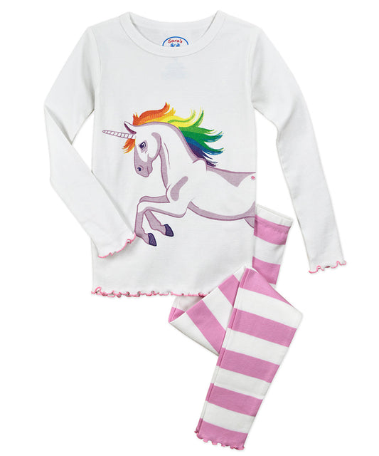Girls Snug Fit Lettuce Edged Long John Pj - Unicorn