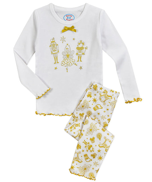 Girls Snug Fit Lettuce Edged Long John Pj - Gold Nutcracker
