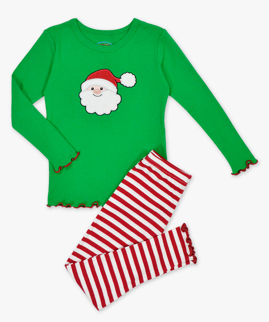 Girls Snug Fit Lettuce Edged Long John Pj - Red thin stripe w santa